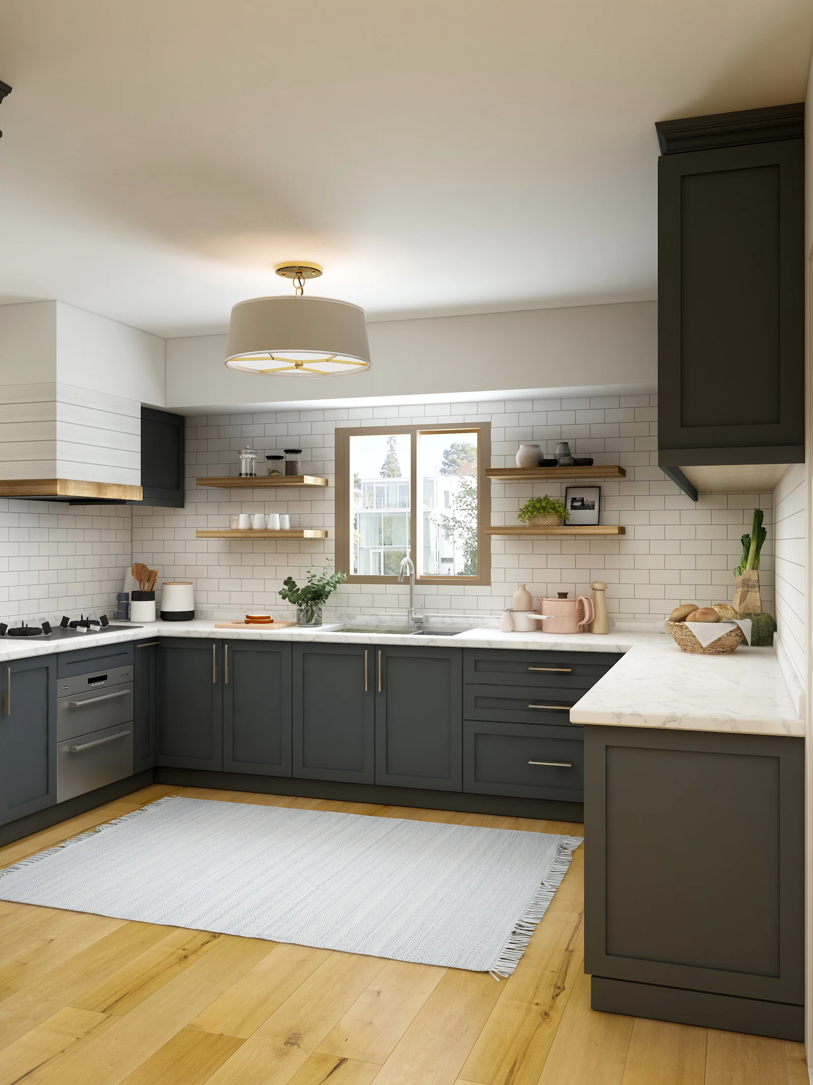 Kitchen with charcoal cabinets, open oak shelving and brass pendant
