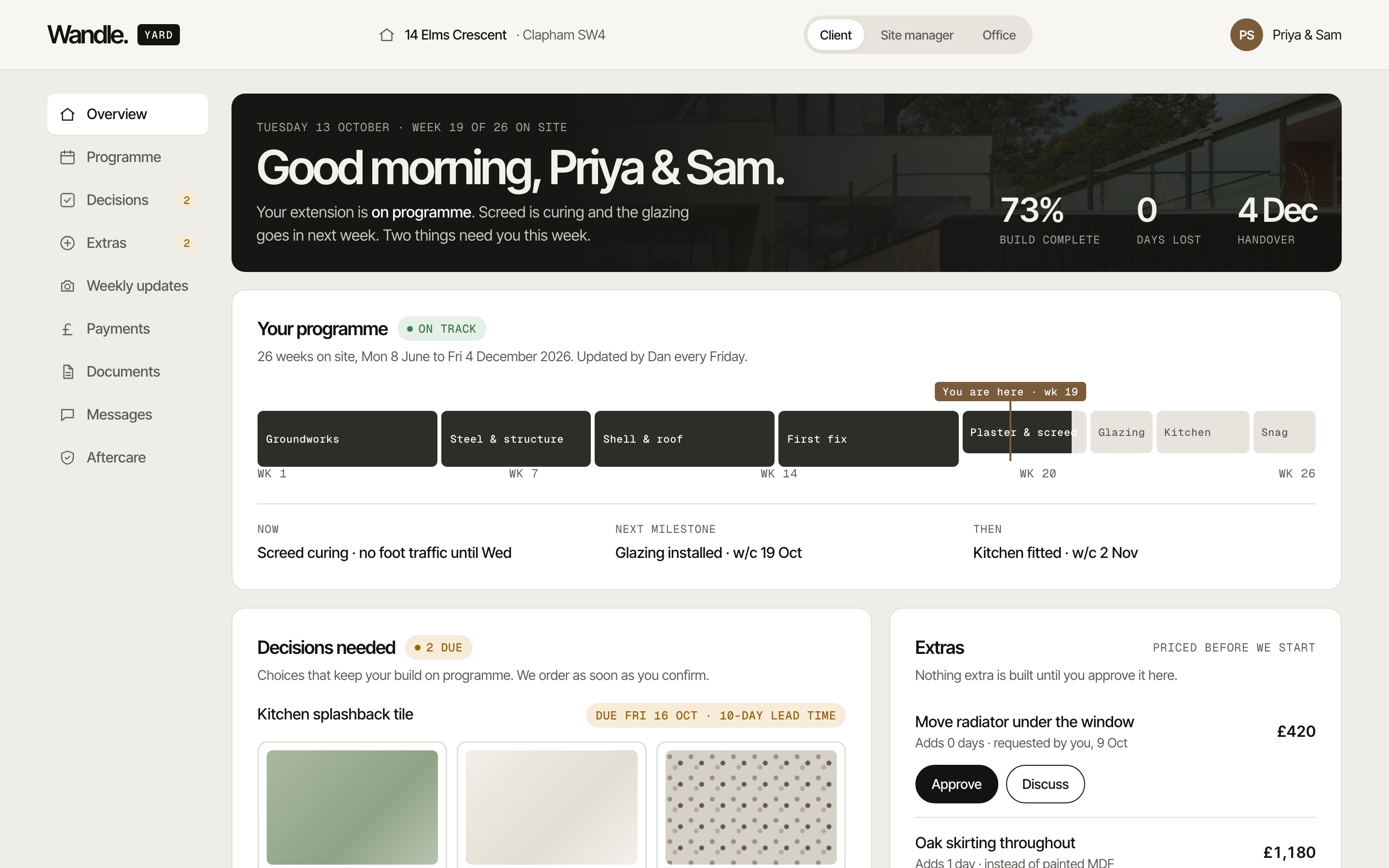 Client portal on desktop: greeting, 26-week programme with 'you are here' marker, decisions and priced extras