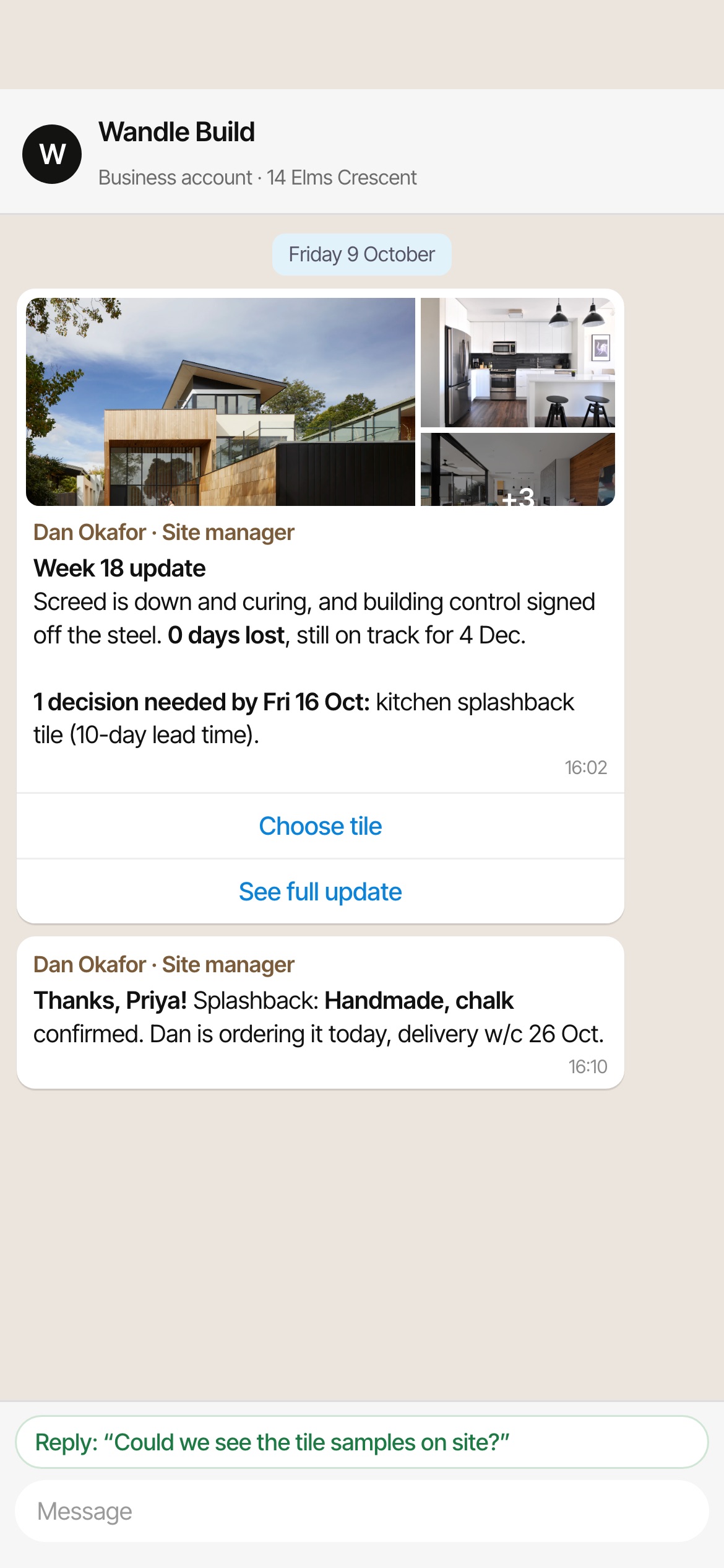 WhatsApp chat from Wandle Build with Dan's week 18 update, photos and a Choose tile button